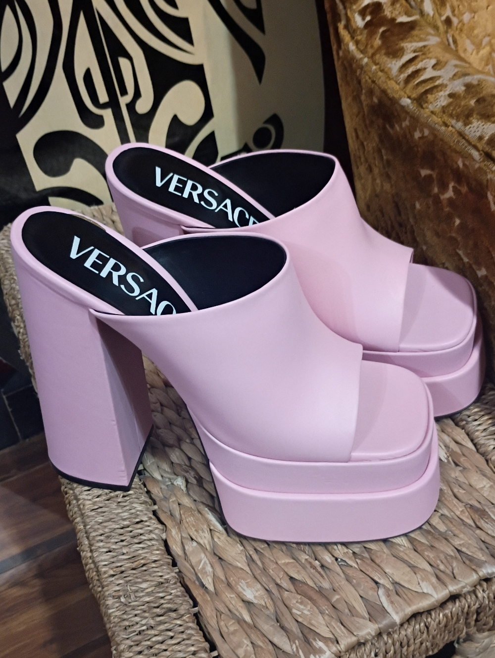 Versace Bubblegum Pink High Block Platform Mules